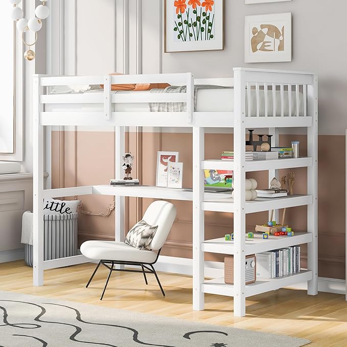 Twin Size Loft Bed with Storage Shelves and Under-Bed Desk,Bedroom Multifunctional Bed Frame w/Solid Wood Slat Support & Full-Length Guardrail,for Adult Boy Girl Teen,White