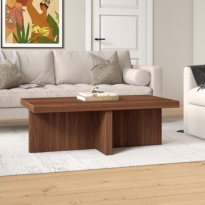 Henn&Hart 44" Rectangular Wood Pedestal Low-Profile Coffee Table for Living Room, Family Room, or Office, Satin Walnut