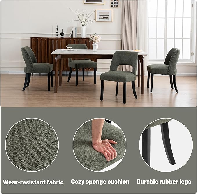 VKNOW Wooden Dining Chairs Set of 6, Modern Fabric Upholstered Dining Room Chair Kitchen Chairs, Farmhouse Dinner Chair for Kitchen Dining Room, Green-Black Legs