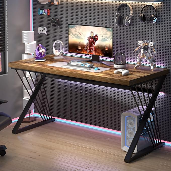FOLUBAN Home Office Desk, Modern Wood and Metal Computer Desk, Simple Writing Work PC Desks for Bedroom, Industrial Study Gaming Table for Living Room, Rustic Brown, 53 Inch