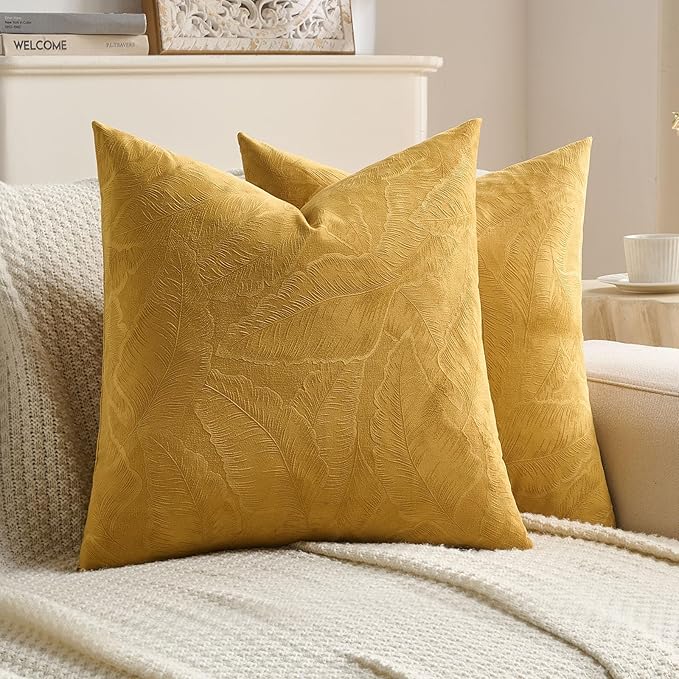 FUTEI Golden Yellow Velvet Throw Pillow Covers 18x18 Inch Set of 2,Soft Embossed Leaf-Relief Textured Cushion Cases,Natural Home Decor for Couch Living Room