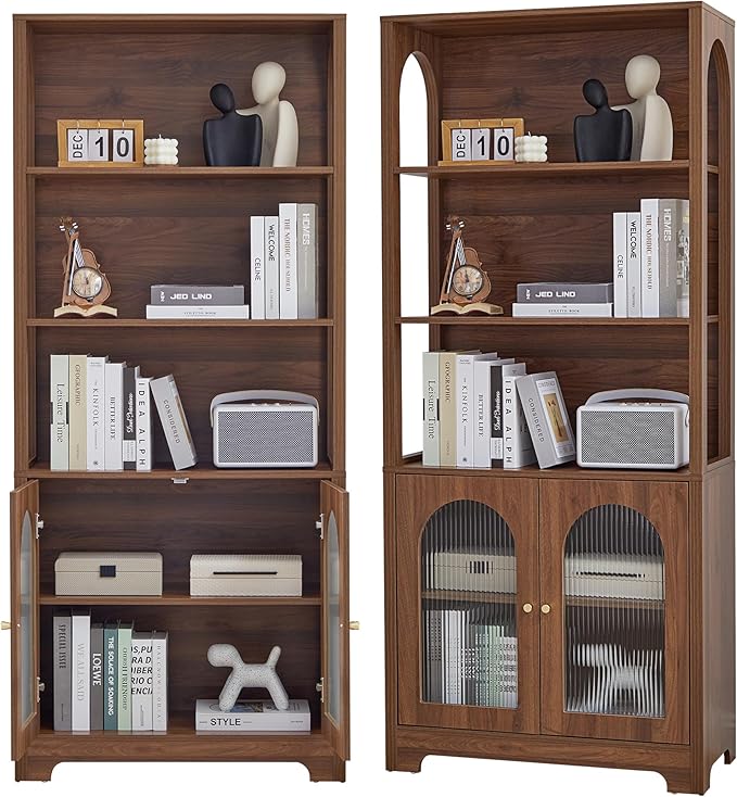 RARZOE Set of 2 Bookshelves and Bookcases, 5-Tier Arched Bookshelf with Glass Doors, Floor Standing 5 Shelf Book case, Wood Display Cabinet Storage Organizer for Living Room, Bedroom, Office(Walnut)