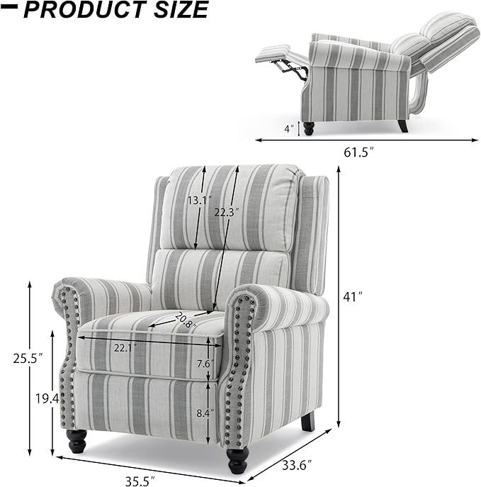 Recliner Chair, Modern Pushback Armchair with Adjustable Backrest & Footrest for Bedroom, Living Room-Grey Stripe,1 SEAT