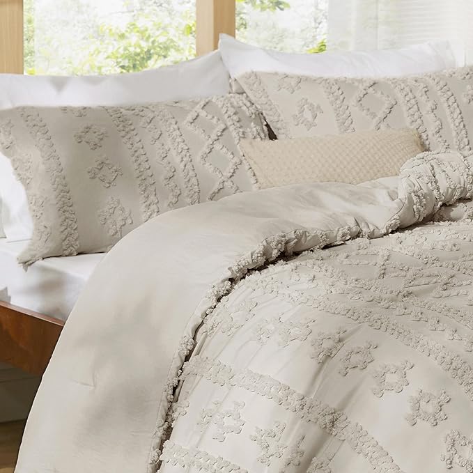 Bedsure Tufted Boho Comforter Set King Size - Linen Boho Bed Set, GentleSoft™ 3 Pieces Farmhouse Shabby Chic Embroidery Bedding, Gifts for Woman, Soft Jacquard King Comforter for All Seasons