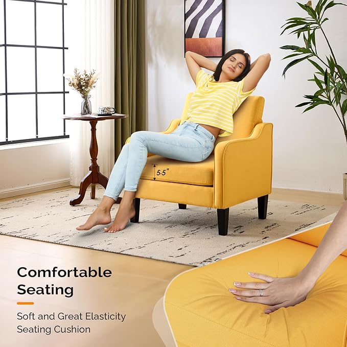 VINGLI Accent Chairs Set of 2 Living Room Chairs Yellow Reading Chair for Bedroom Scooped Arm Chair Mid Century Modern Accent Chairs Upholstered Comfy Chair for Apartment, Waiting Room