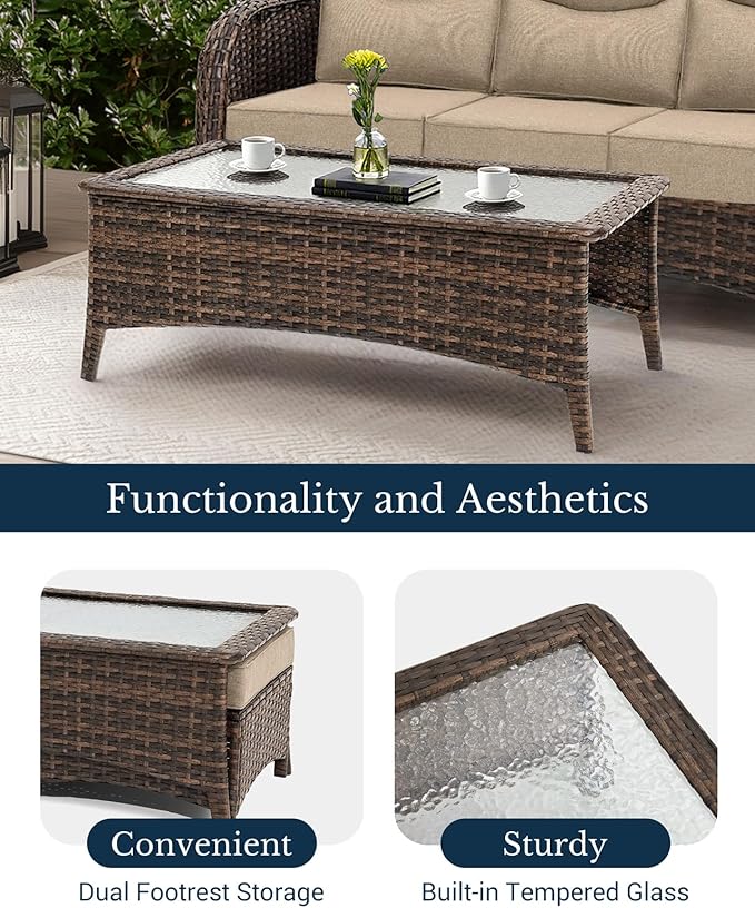 HILLGA Luxury Patio Furniture Set with 6-inch Thick Cushion, Outdoor Couch and High Back Swivel Rocker Patio Chairs, 11PCS Wicker Conversation Set for Deck Yard and Poolside, Beige (V2)