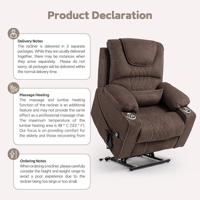 Power Lift Lazy Boy Recliner Chair, 2 Motor Flat Recliner, Nursing Lift Chair with Massage and Lumbar Heating, Adult Power Recliner with Side Pockets, Folding Table, Remote Control
