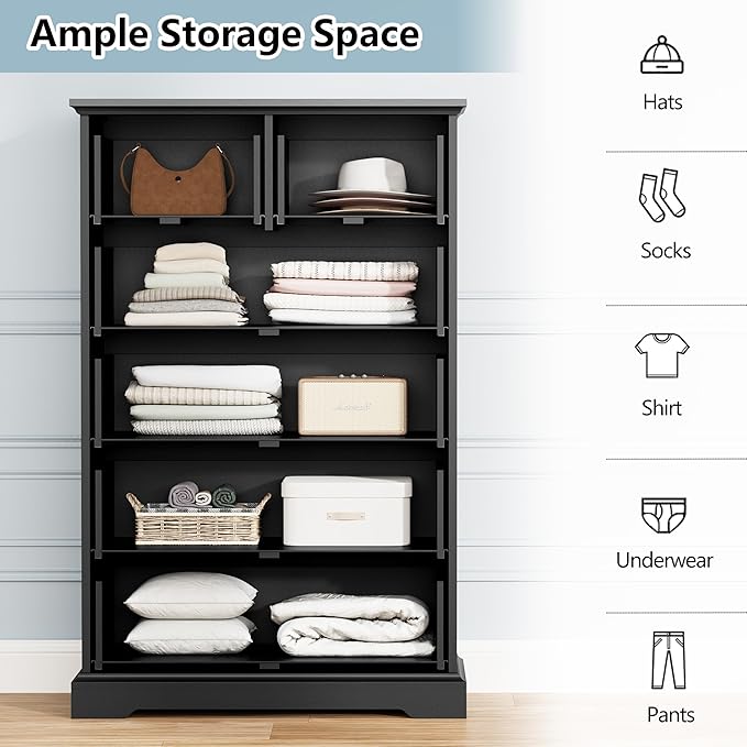 6 Drawer Dresser for Bedroom, 43" Tall Wooden Chest of Drawers, Rustic Farmhouse Dresser with Large Drawers & Metal Handles, Modern Storage Organizer for Closet, Living Room, Hallway, Black