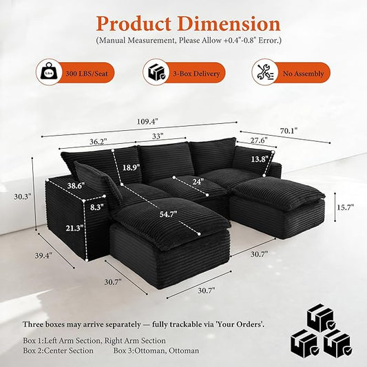 108" Sectional Couches for Living Room Boneless Couch Upholstered Cloud Couch Sectional Modular Sectional Sofa with L Shaped (Corduroy-Black, 3 Seat+2 Ottoman)