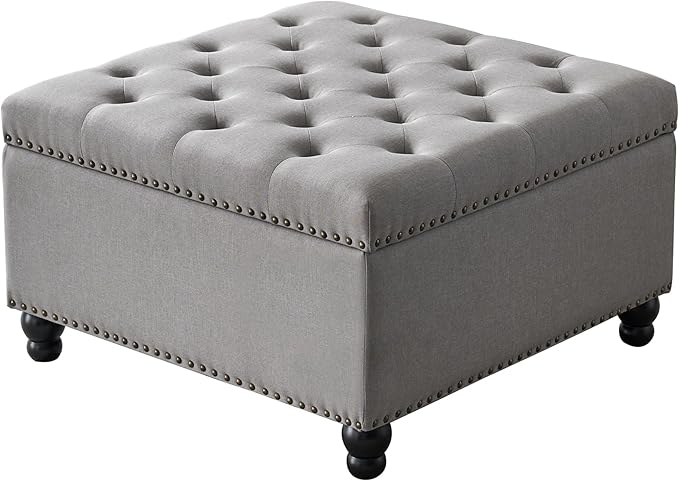 Ottoman with Storage, Large Storage Ottoman, 30 in Square Ottoman Coffee Table,Tufted Upholstered Coffee Tables for Living Room, Grey