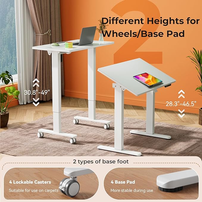 35inch Glass Standing Desk,90° Tiltable Mobile Rising Desk Height Adjustable,Whole Piece Rolling Sit Stand Table with Wheels,Foldable Small Laptop Desk,White