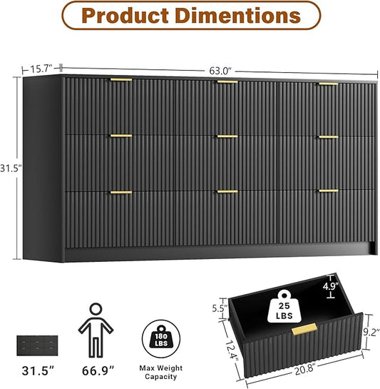 Black Dresser for Bedroom, Modern Dresser with 9 Drawers and Smooth Slides, Wide Chest of Drawers with Golden Handles for Bedroom, Living Room, Closet, 15.7" D x 63" W x 31.5" H