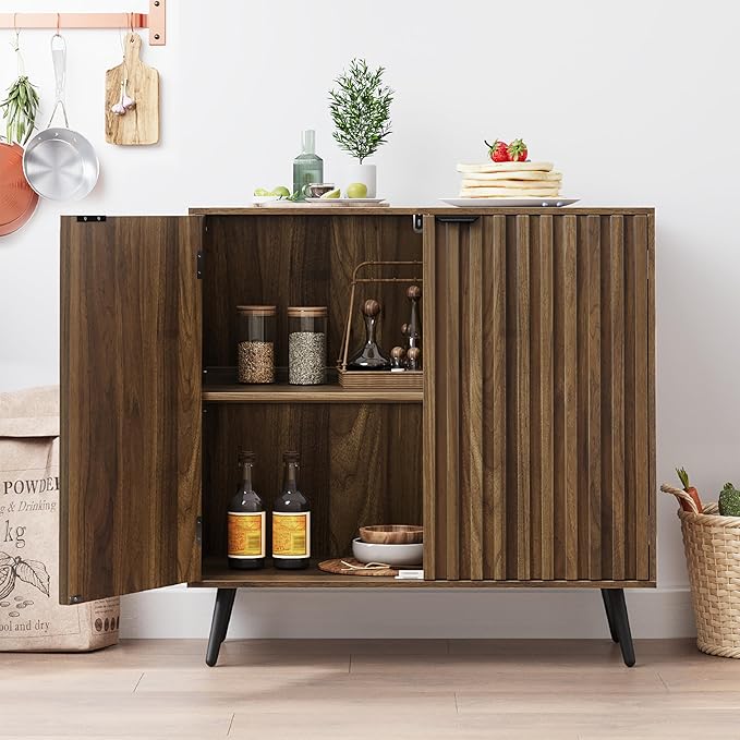 Smuxee Fluted Sideboard Cabinet, Freestanding Walnut Buffet Cabinet with Adjustable Shelf, Wood Storage Cabinet for Living Room, Entryway, Hallway