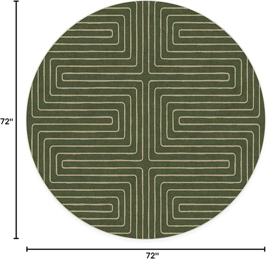 RUGGABLE x Jonathan Adler Machine Washable Area Rug – Labyrinth Fern Green 6 ft Round, Stain-Resistant, Non-Slip – Medium Rugs for Living Room, Bedroom, Hallway, Entryway & Office–with Standard Pad