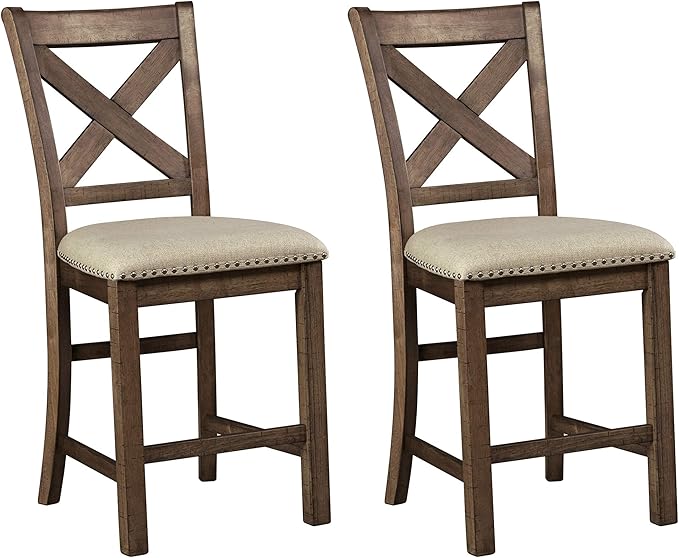 Signature Design by Ashley Moriville Rustic Farmhouse 24.5" Upholstered Barstool, 2 Count, Beige & Brown