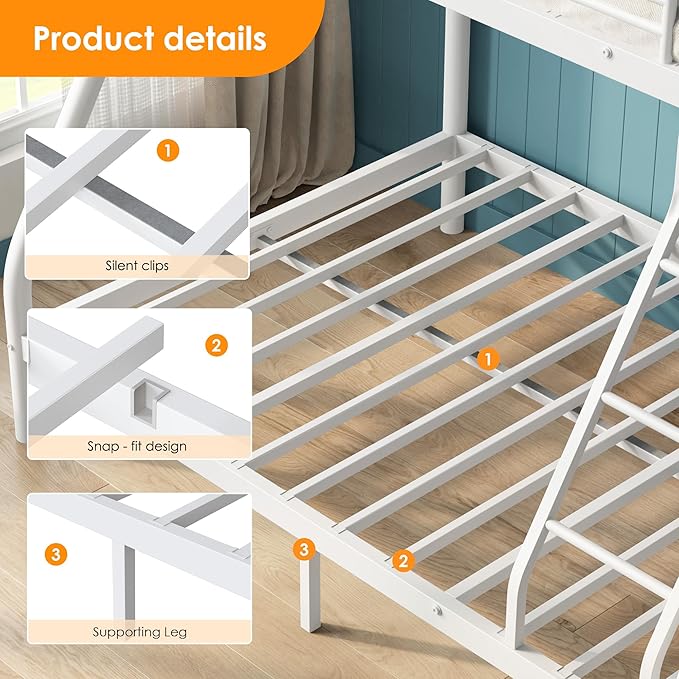 Bunk Beds Twin Over Full Size, Heavy Duty Bunk Beds with Bottom Space & Guardrail Metal Bunk Bed Frame for Adults - Dorm Bedroom Guest Room, No Box Spring Needed(Upgrate White)