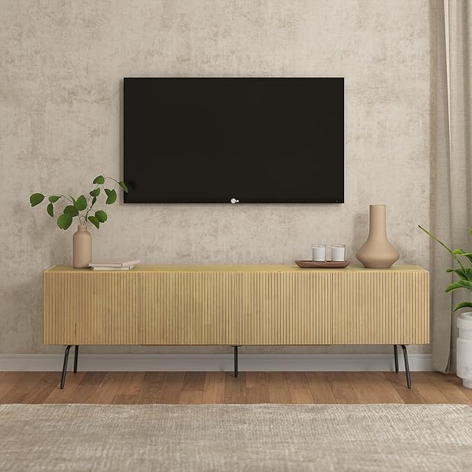 NTC Veil TV Stand with 4 Doors for TVs up to 75’’, Media Console with Vertical Groove Design and Metal Legs, Modern Entertainment Center for Living Room and Bedroom, Effortless Assembly, Sand