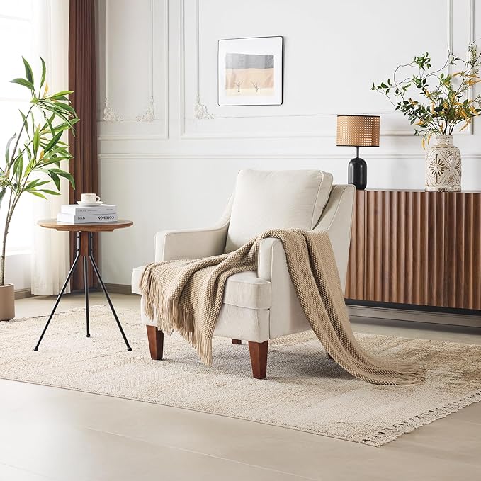VINGLI Mid-Century Modern Accent Chairs Set of 2, Beige Upholstered Armchair Comfy Sofa Chairs Reading Chair High Back for Living Room Bedroom Furniture Apartment