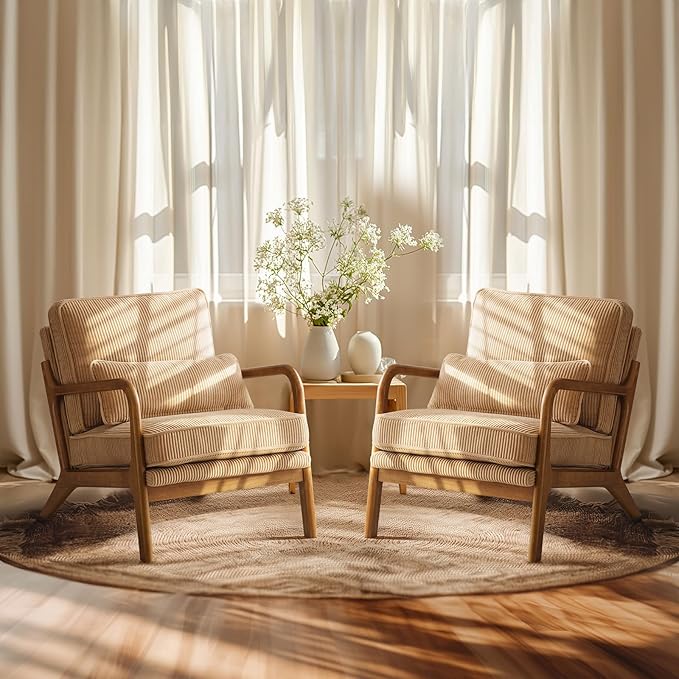 VINGLI Upgraded Premium Corduroy Accent Chairs Set of 2,Upholstered Arm Chair,Solid Wood Comfy Reading Chair with Lumbar Pillow, Mid Century Modern Chairs for Living Room,Bedroom,Khaki