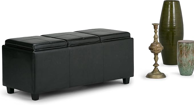 SIMPLIHOME Avalon 42 inch Wide Contemporary Rectangle Storage Ottoman in Midnight Black Vegan Faux Leather, Assembled, For the Living Room, Entryway and Family Room