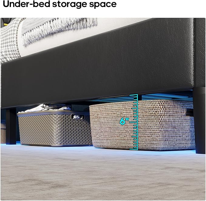 LED Full Bed Frame with Type-C & USB Charging Station, Full Size Bed Frame with Storage Headboard, Modern Pu Leather Platform Bed with Shelf Headboard, Easy Assembly, Noise-Free, Black