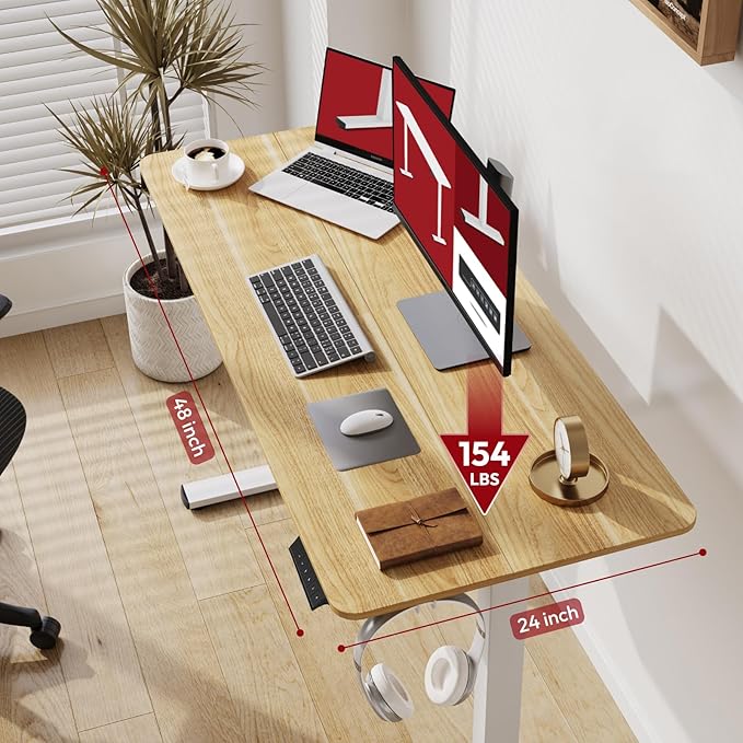 SANODESK Electric Standing Desk 48x24 Inch Height Adjustable Stand Up Desk Home Office Computer Workstation Sit Stand Home Office Desk with Splice Board (White Frame + Maple Top)