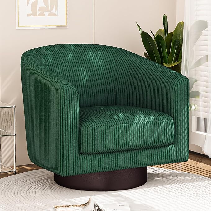 360Β° Swivel Accent Chairs, Modern Bucket Chair, Corduroy Barrel Armchair, Comfy Boucle Chair, Single Sofa for Living Room Bedroom. Green