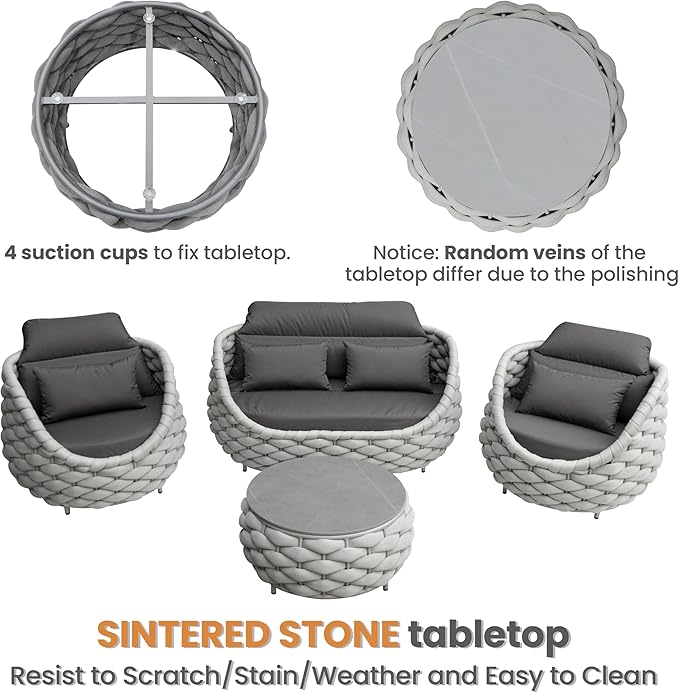Aluminum Patio Furniture Set: 4 Pieces Woven Rope Outdoor Conversation Sofa Set Assembled - Modern Cushioned Armchair Couch Set for 660lbs Porch Deck Backyard Poolside Garden Drawing Room Hotel
