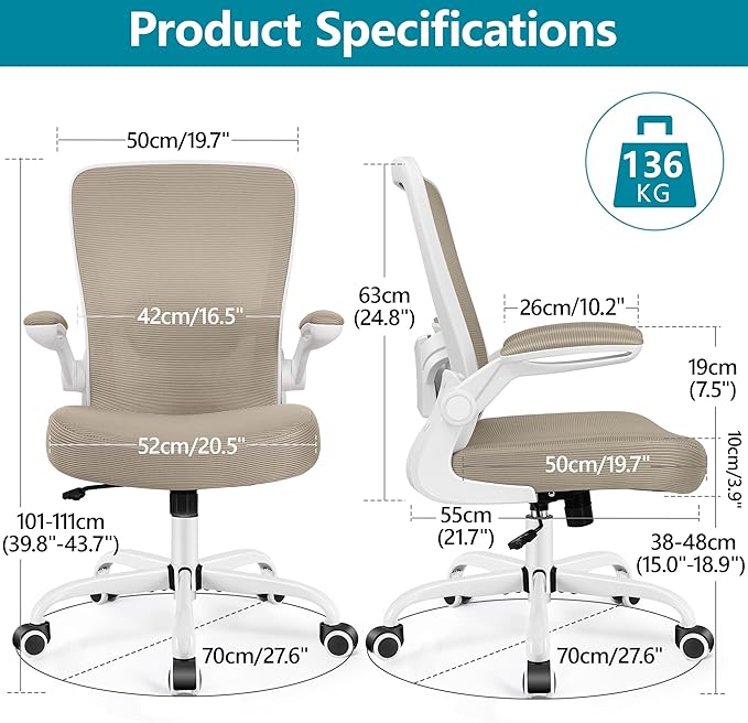 FelixKing Office Chair, Ergonomic Desk Chair Breathable Mesh Chairs Adjustable High Back Lumbar Support Flip-up Armrests, Executive Rolling Swivel Comfy Computer Chairs Home Office Khaki