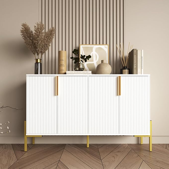 4 Doors Sideboard Buffet Cabinet with Adjustable Shelves,Modern Accent Sideboard with Golden Legs,Wide Storage Cabinet for Kitchen,Living Room,White