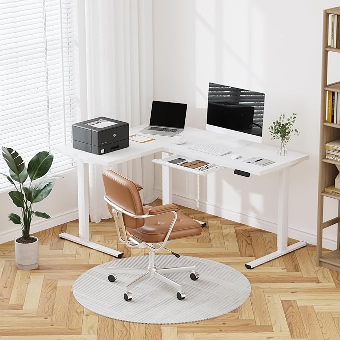 SANODESK L Shaped Electric Standing Desk with Drawer, 63 Inch Ergonomic Adjustable Height Desk with Storage, Corner Desk Sit Stand up Computer Table for Work Office Home, White