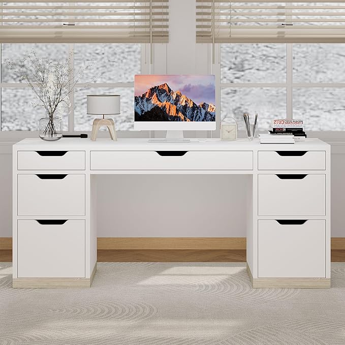 White Desk with 7 Drawers, 54 Inch Executive Desk with Drawers for Bedroom, Home Office Desk with Cabinet for Work Writing Study, Small Spaces