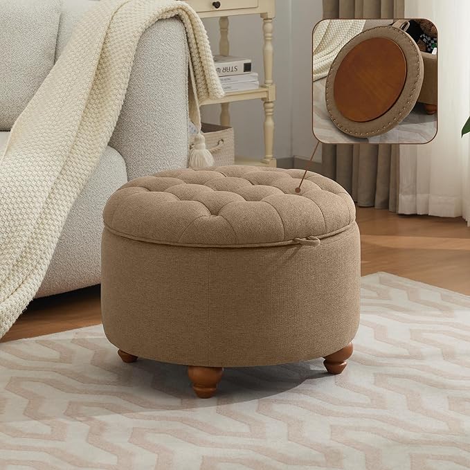 24Inch Round Storage Ottoman with Tray, Modern Tufted Fabric Circle Coffee Table with Storage, Upholstered Ottoman with Removable Top for Living Room, Bedroom, Brown