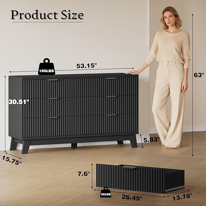 53" Long Dresser for Bedroom, 6-Drawer Dresser with Fluted Fronts, Wide Wood Chest of Drawers, Smooth Metal Slides, Stable Base, Modern Clothes Storage Cabinet for Living Room, Hallway