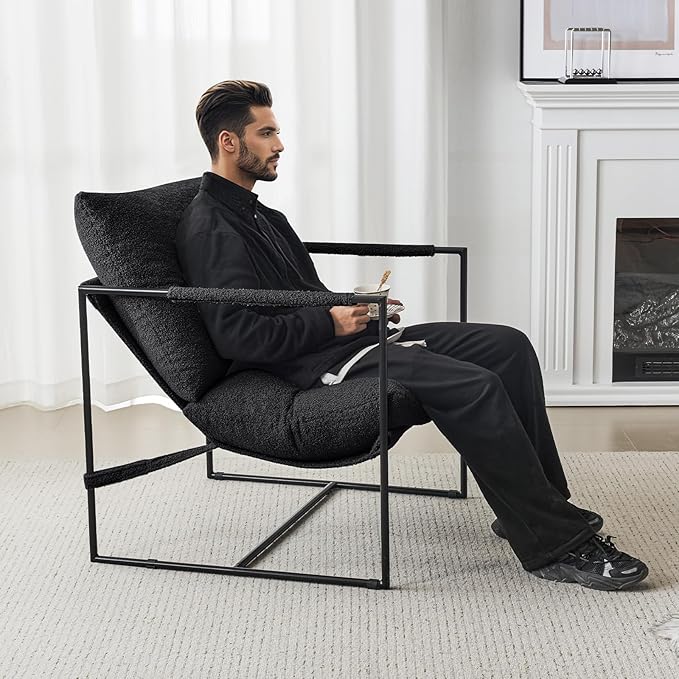 Furniliving Sling Accent Chair with Metal Frame, Comfortable Boucle Fabric Arm Chair, Upholstered Cozy Reading Chair for Living Room, Bedroom, Dressing Room, Home Office, Black