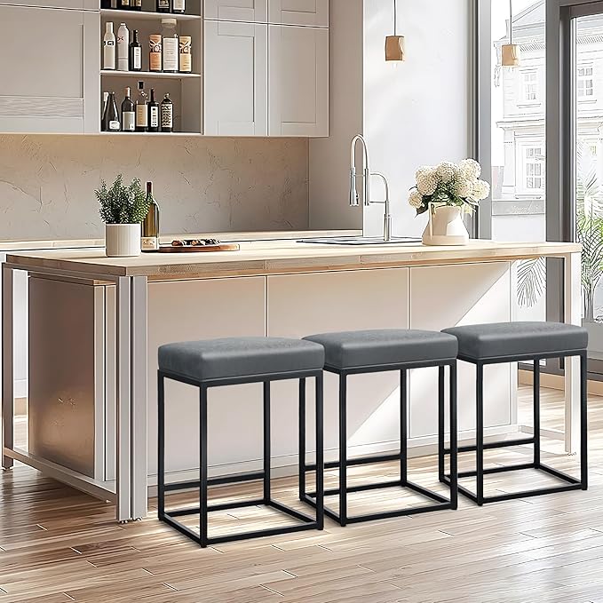 ALPHA HOME 24 Inch Counter Height Bar Stools Set of 2, Upholstered Bar Stools for Kitchen Island, Counter Stools with Faux Leather Cushion and Sturdy Metal Frame, Modern Barstools, Grey