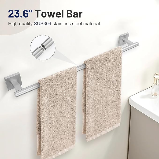 5 Pieces Bathroom Hardware Set, Brushed Nickel Towel Bar Set Includes 23.6” Towel Bar, Towel Ring Holder, Toilet Paper Holder and Two Towel Hooks, Bathroom Accessories Set SUS304 Wall Mounted