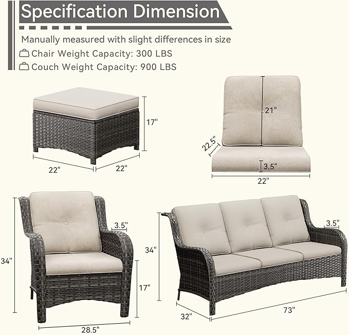 7 Pieces Outdoor Patio Conversation Set, Wicker Furniture Set Includes 3-Seat Sofa, Patio Rattan Dining Chair Set of 4, 2 Ottomans, for Porch, Yard, Mixed Brown Rattan, Beige
