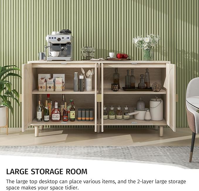 Beige Rattan 4-Door Buffet Cabinet - Boho Style Sideboard with Storage for Dining & Living Room