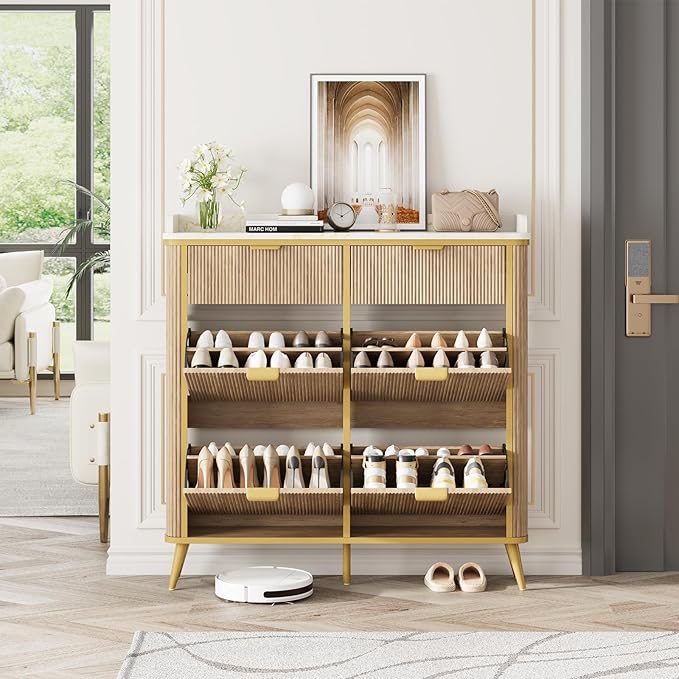 Fluted Shoe Storage Cabinet with 4 Flip Drawers & 2 Drawers, Freestanding Hidden Shoe Organizer with Adjustable Shelves, Wood Narrow Shoe Rack Cabinet for Entryway, Foyer, Hallway, Natural Oak