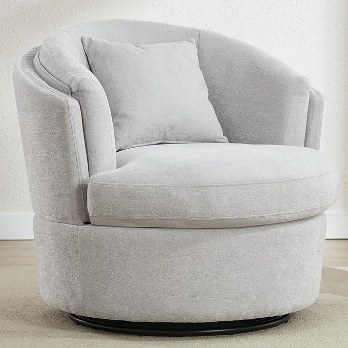 Swivel Accent Chair, 360 Degree Round Swivel Barrel Chair with Pillow, Widened Upholstered Chenille Barrel Armchair for Living Room Bedroom Reading Room, Light Gray