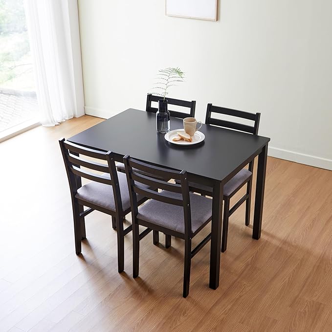 Livinia Seattle 5-Piece Wooden Dining Table Set for 4, Modern Farmhouse Kitchen Dining Room Set with Solid Wood Ladder Back Chairs for Small Space (Black)