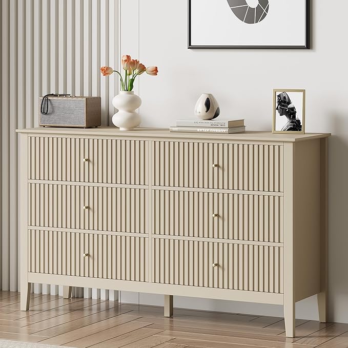 RoyalCraft Beige 6 Drawer Dresser, Fluted Modern Wood Chest of Drawers, Long Dresser for Bedroom TV Stand Storage Cabinet for Living Room