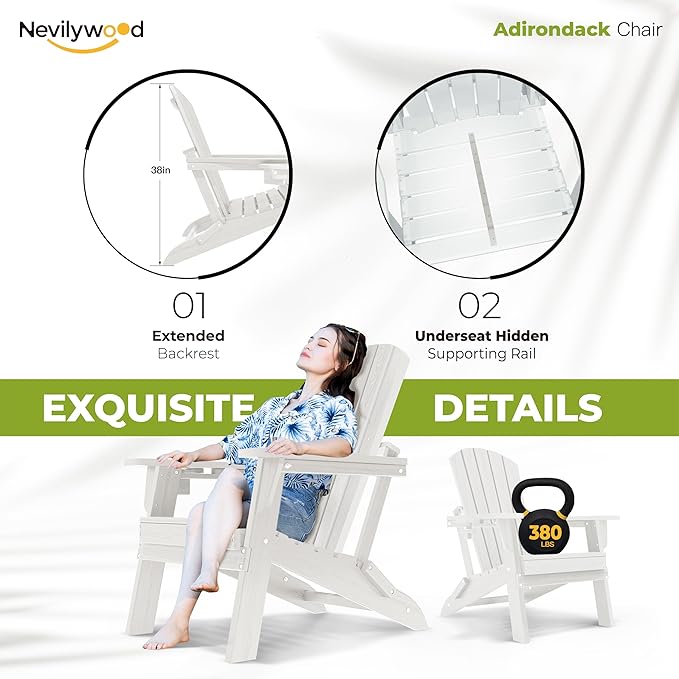 nevilywood Folding Adirondack Chair, Ergonomic Extended Backrest, HDPE All-Weather, 380lbs Capacity, Maintenance-Free, Cup Holder, (White)- Outdoor Patio & Firepit Chair