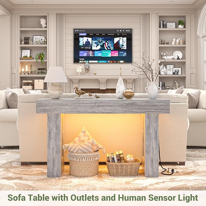 Unikito 47" Entryway Table with Socket and Sensor Light, Narrow Console Table with Storage Behind Couch, Farmhouse Entry Way Tables with Open Storage for Entrance/Hallway/Living Room, White Oak