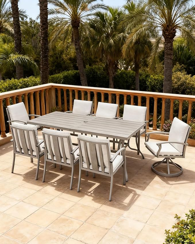 9-Piece Patio Dining Set, Aluminum Outdoor Dining Set for 8, Patio Furniture Sets with Umbrella Hole, 6 Dining Chairs, 2 Swivel Dining Chairs for Decks, Garden, Backyard, Lawn, Limed Oak