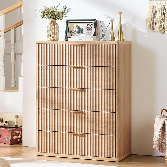 LEYAOYAO Fluted 5 Drawers Dresser for Bedroom Set of 2, 41" Tall Modern Chest of Drawers with Metal Handle, Curved Profile Design,Natural Wood Drawer Organizer for Bedroom, Living Room, Hallway