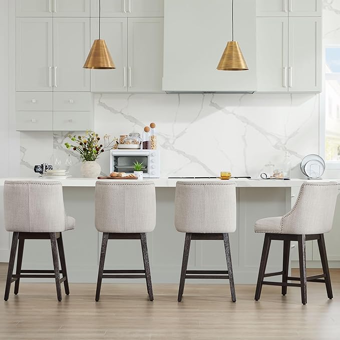 CHITA Counter Height Swivel Bar Stools Set of 4, FSC Certified Upholstered Counter Stools, Modern Swivel Barstools with Wood Legs for Kitchen Island, 26" Seat Height, Fabric in Ivory