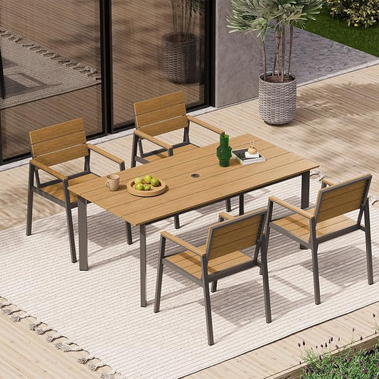HDPS Outdoor Patio Dining Chairs Set of 2, 350LBS Capacity Aluminum Patio Dining Chairs with Armrests, Weather-Resistant for Lawn, Garden, Yard, Poolside and Indoor Use, Gray & Teak