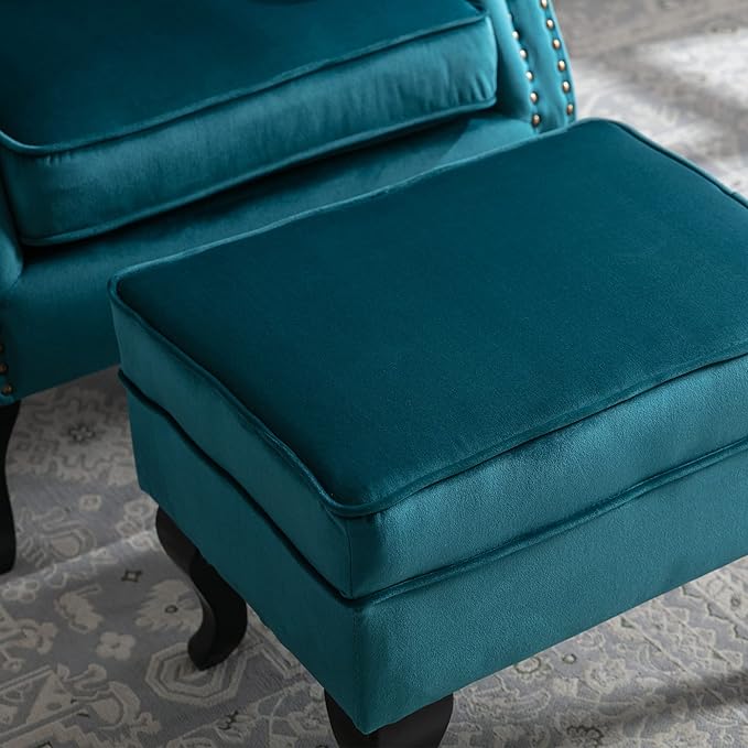 chairus Mid-Century Modern Accent Chairs with Ottoman Set of 2, Comfy Velvet Single Sofa Chair Button Tufted Wingback Armchairs with Pillow for Living Room/Bedroom/Club - Teal